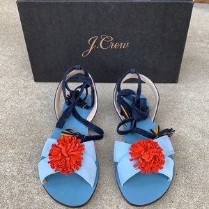 J Crew suede Pom Pom lace up sandals